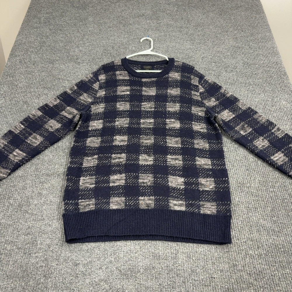 J.Crew Sweater Mens L Navy Wool Blend Plaid Buffalo Check Crewneck Preppy Casual